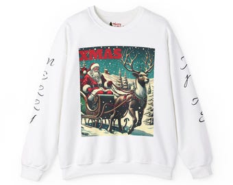 Sudadera retro de Papá Noel y renos, escena de nieve navideña, arte vintage, jersey navideño, regalo para él/ella, jersey de invierno, festivo