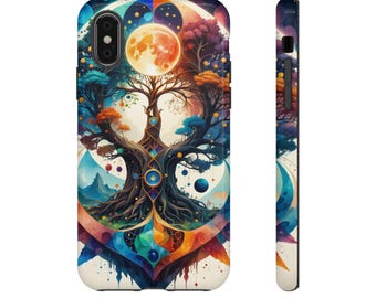 Funda para teléfono con diseño de árbol de la vida y fases de la luna: diseño de armonía celestial para usuarios de iPhone con diseño de árbol de la vida y galaxia