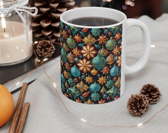 Adornos navideños vintage, tonos metálicos, taza navideña de 11 oz, taza de café navideña