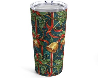 Vaso con campanas navideñas de 20 oz, vasos con lazos navideños, taza de café con muérdago, taza festiva roja y dorada, elegante regalo de Navidad, temporada caliente