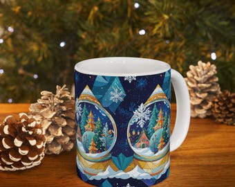 Taza de cerámica, bolas de nieve festivas, copos de nieve en espiral, escenas navideñas - Taza de café navideña, Taza de té de invierno, Taza de chocolate caliente navideña, Festiva