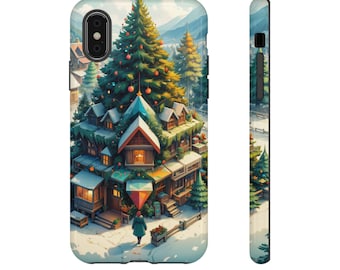 Estuche rígido con diseño festivo de granja con árboles de Navidad: acogedor diseño navideño en un país de las maravillas invernal, funda protectora para iPhone, carcasa para teléfono móvil con escena nevada