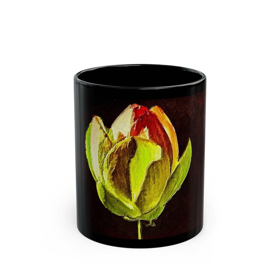 Vintage Green and Red Tulip Oil Painting Mug | Black Ceramic Coffee Cup