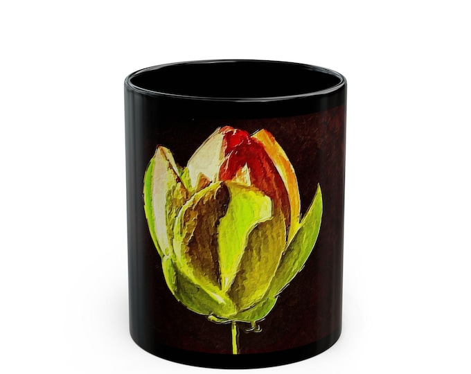 Vintage Green and Red Tulip Oil Painting Mug | Black Ceramic Coffee Cup