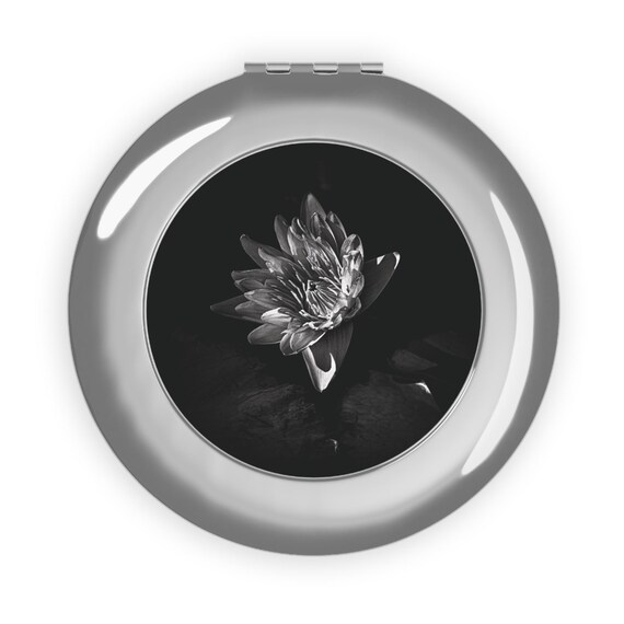 Monochrome Lotus Flower Compact Mirror | Black & White Floral Pocket Mirror