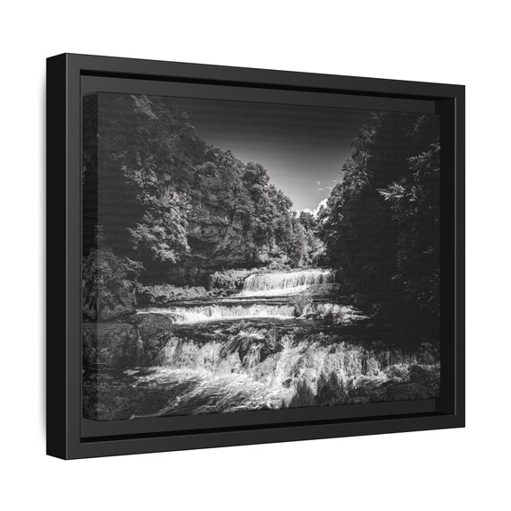 Scenic Waterfall Framed Matte Canvas Photograph - Black and White Wall Art