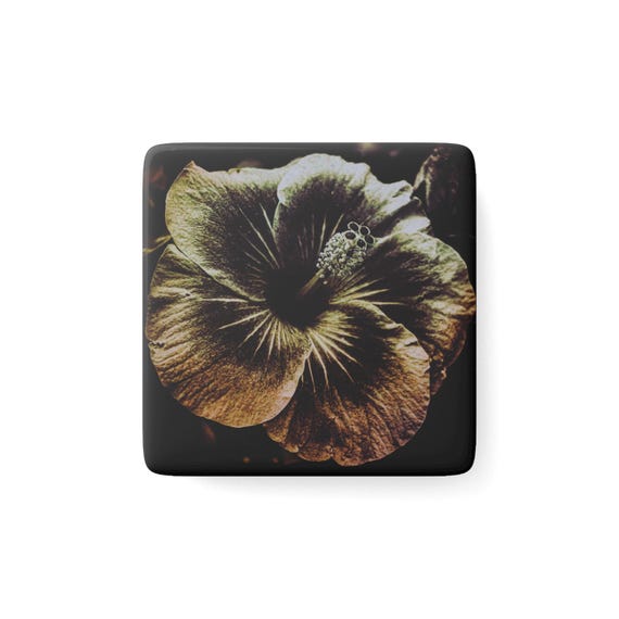 Vintage Hibiscus Flower Porcelain Magnet, Square | Flower Art