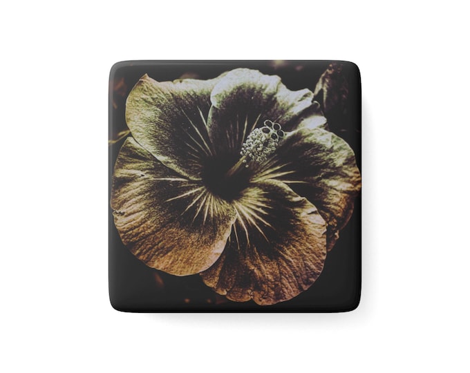 Vintage Hibiscus Flower Porcelain Magnet, Square | Flower Art