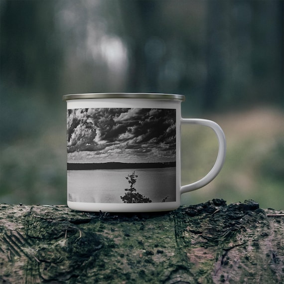 Vintage Lake Graphic Camping Mug | Black White Lake Photo