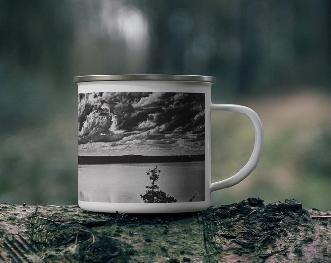 Lake Panorama Enamel Mug | Black White Lake Photo