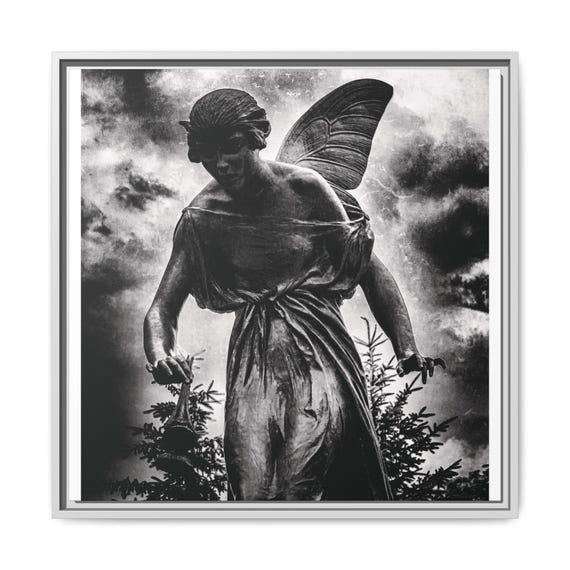 Gothic Fairy Statue Framed Matte Canvas  | Black and White Photography Wall Art