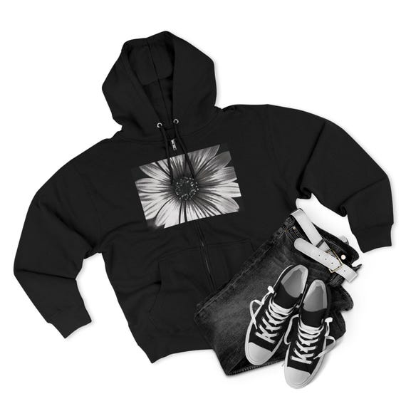 Black and White Flower Graphic Hoodie | Artsy Zip Hooded Sweatshirt