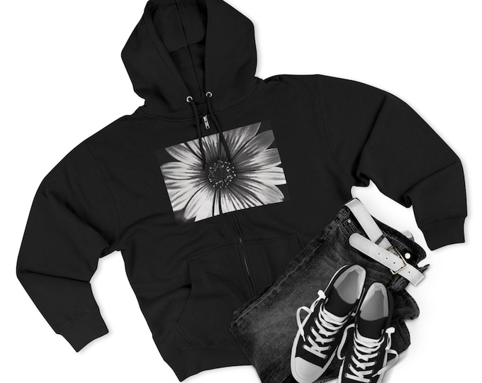 Black and White Flower Graphic Hoodie | Artsy Zip Hooded Sweatshirt
