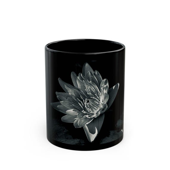 Monochrome Lotus Flower Black Mug | Botanical Mug