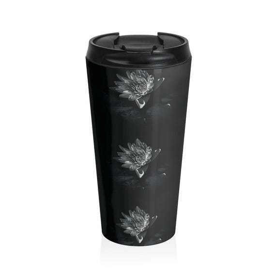Monochrome Lotus Flower Travel Mug | Stainless Steel Tumbler