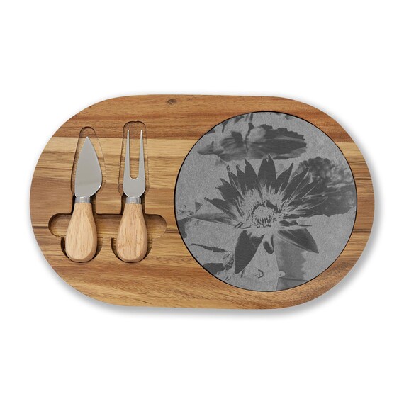 Lotus Flower Slate Charcuterie Board with Cheese Knives |  Serving Platter