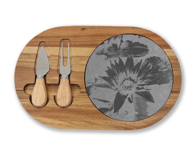 Engraved Floral Lotus Flower Slate Charcuterie Board with Cheese Knives |  Serving Platter