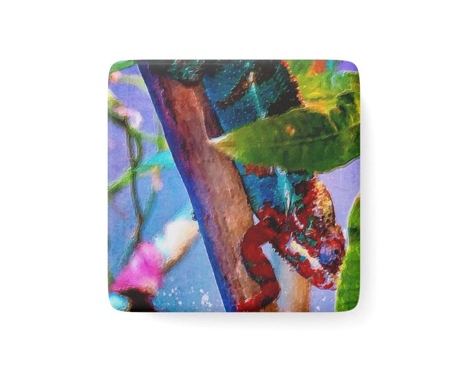 Panther Chameleon Porcelain Magnet, Square | Colorful Reptile Art
