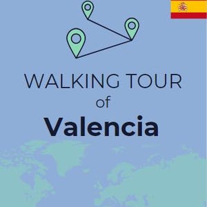 Peut inclure: Un graphique bleu avec un contour blanc d'un itinéraire de visite à pied avec trois épingles de localisation vertes. Le texte "WALKING TOUR of Valencia" est en blanc et bleu. Un petit drapeau espagnol est dans le coin supérieur droit.