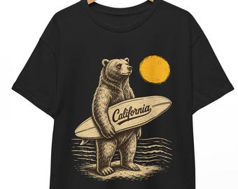 California Surf Bear Shirt, Retro Surf Life Beach Ocean Tee, Vintage Surfing Gift for Men Women