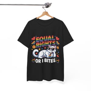 Womens Equal Rights or I Bites T-Shirt Pride Month Feminist Ally Cat Graphic Tee LGBTQ Support Equality Statement Shirt for Women