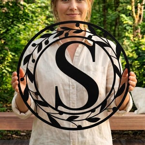 Metal Circle Letter Monogram with Vines, Couples Gift, Personalized Wreath Initial Sign, Custom with Leaves  Family Name  Ornament