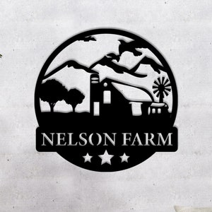 Custom Farm Metal Name Sign, Personalized Farmhouse Name Wall Art with Barn&Animal Scene, Outdoor Metal Farm Sign for Home, Garden, Entryway