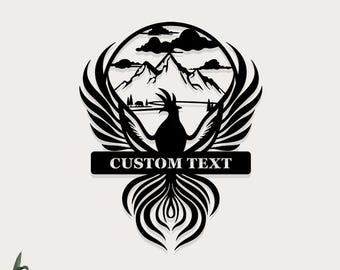 Aangepaste metalen muurkunst Phoenix: bergscène Firebird, gepersonaliseerd bord