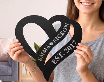 Custom Couple Name Metal Wall Art, Personalized Anniversary Gift for Couple, Established Date Sign, Wedding Gift, Double Heart Metal Decor