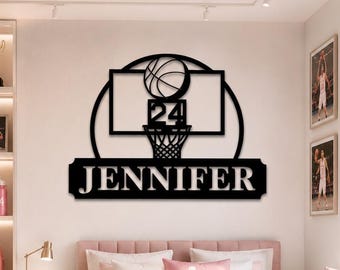 Anpassad metallväggkonst för basket med namn och nummer, personlig basketskylt, sportrumsdekor för flickor och pojkar, present till basketspelare