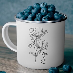 Personalized Enamel Camping Mug, Custom Name Flower Campfire Cup, Outdoor Adventure Gift, Rustic Camping Mug, Floral Camp Mug, Nature Lover