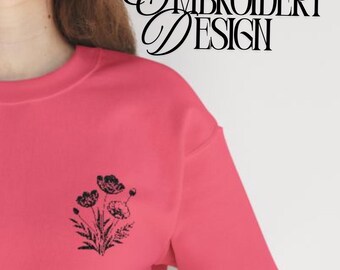 Embroidered Floral Sweatshirt: Black Flower Crewneck Pullover