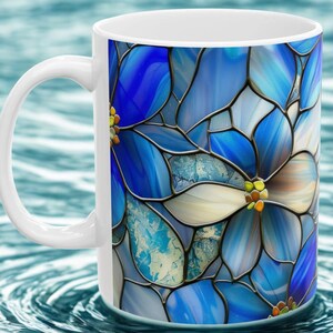 Stained Glass  Blue Floral Mug, Blue Ceramic Coffee Cup, Unique Tea Mug, Flower Pattern Kitchen Decor, Gift for Her, Mother&#39;s Day Gift