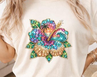 Comfort Colors Hibiscus Sunset Beach T-Shirt, Glitter Floral Vacation Tee