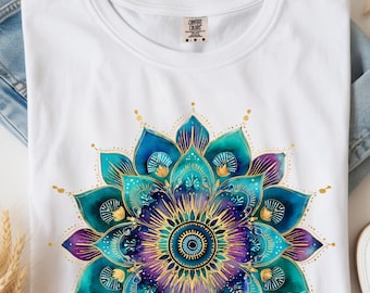 Vibrant Yoga Mandala T-Shirt, Boho Geometric Meditation Tee, Spiritual Cotton Shirt