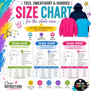 May include: A size chart for youth tees, hoodies, and crewneck sweatshirts featuring Gildan 5000B, 18500B, and 18000B models. The graphic includes illustrations of a navy hoodie, pink sweatshirt, and blue tee, with detailed measurement tables in inches.