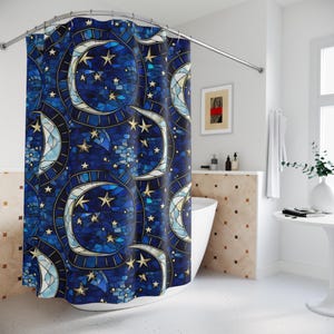 Celestial Moon and Star Shower Curtain - Space themed Bathroom Decor, Galaxy Print Bath Curtain, Celestial Home Goods, Night Sky Shower
