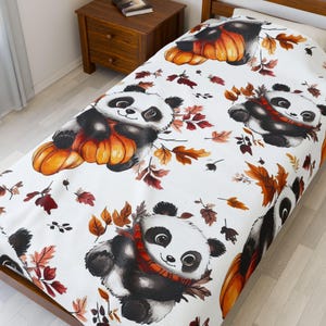 Autumn Plush Blanket, Cute Panda Autumn Decor, Fall Velveteen Throw, Cozy Blanket, Gift for Animal Lovers, Home Decor Accent