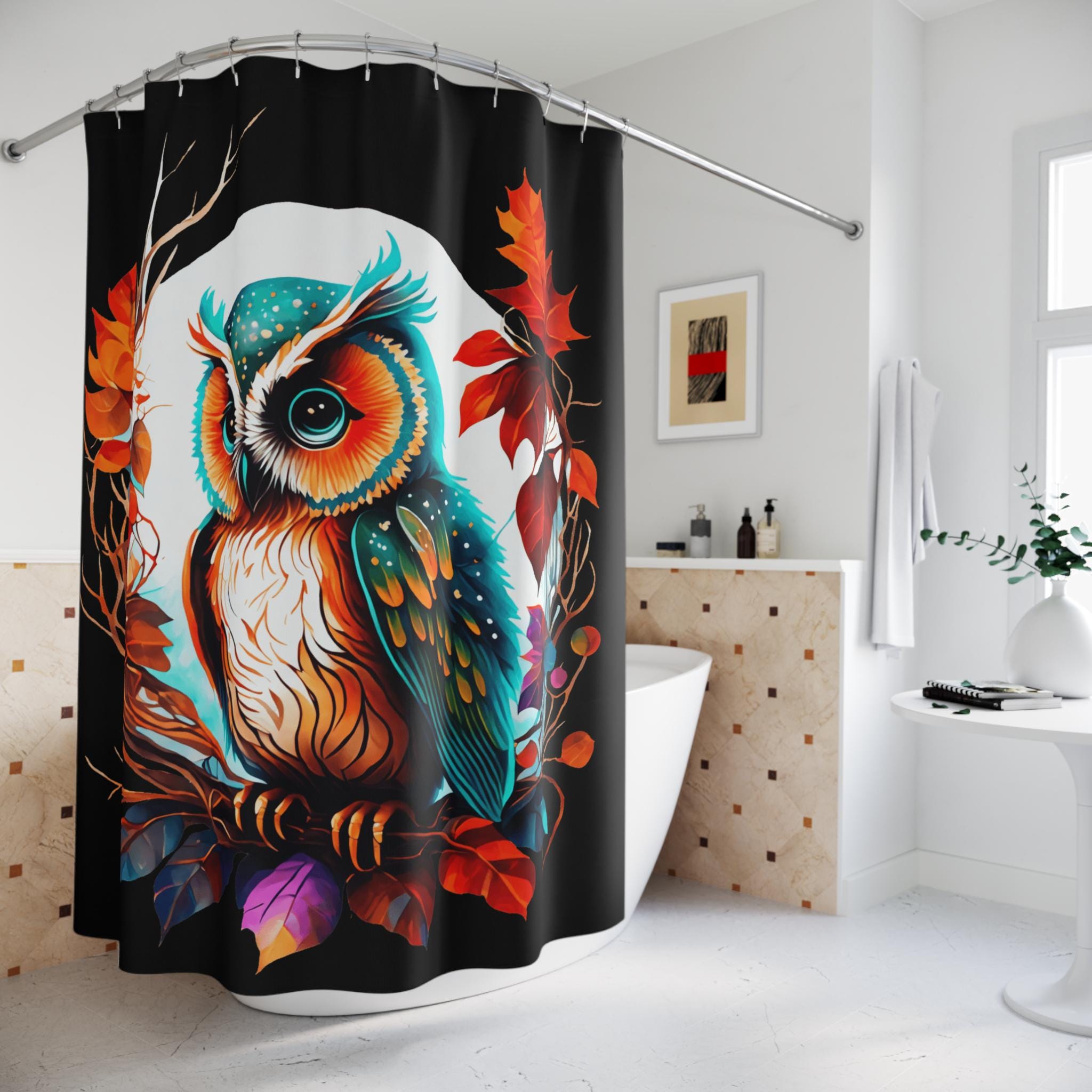 Autumn Owl Shower Curtain: Colorful Fall Bathroom Decor, Shower Curtain