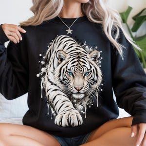 Sweatshirt met witte tijgerillustratie, realistische witte tijger, comfortabel sweatshirt voor de herfst, herfstcadeau, sweatshirt voor het najaar, trui voor de herfst