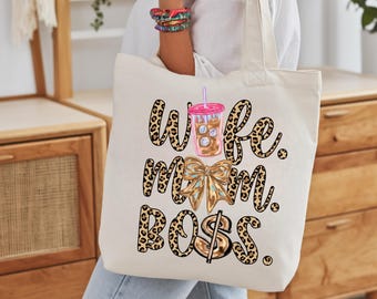 Wife Mom Boss Tote Bag, Leopard Print Canvas Mama Bag