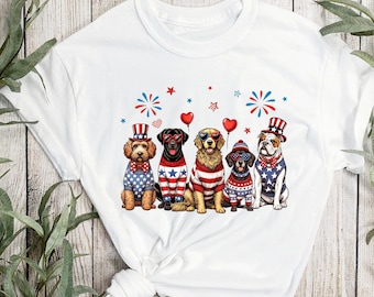 Patriotic Dogs 4th July Unisex Tee, American Flag Dog Lover Shirt, USA Independence Day Top, Patriotic Canine Apparel, Red White Blue Tee