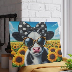 Funny Cow Cutting Board, Country Cow Sunflower Kitchen Decor, Farmhouse Glass Board, Floral Cow Decorative Tray, Rustic Board, Cow Lover