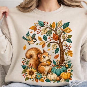 Autumn Squirrel with Pumpkins Sweatshirt, Fall Tree Sunflower Crewneck
