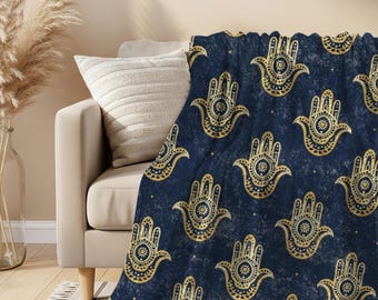 Manta de terciopelo con mano de Fátima: decoración bohemia para el hogar - 50 x 60