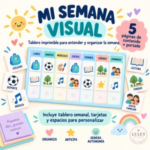 Puede incluir: Un planificador semanal visual imprimible titulado MI SEMANA VISUAL que incluye una cuadrícula con los días de la semana, iconos de actividades coloridos y tarjetas para colegio, deporte, música, lectura, parque y familia.