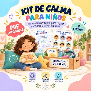 Puede incluir: Un kit de calma para niños con una caja de madera etiquetada Mi Rincón de Calma, que contiene herramientas visuales como una guía de respiración y tarjetas de emociones. Incluye un PDF imprimible en español para imprimir y recortar.