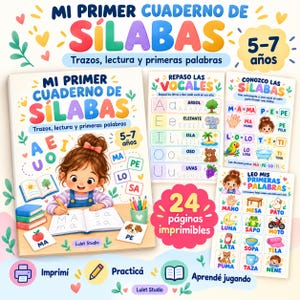 Puede incluir: Un cuaderno de ejercicios educativo y colorido titulado Mi Primer Cuaderno de Sílabas para niños de 5 a 7 años. La portada muestra a un niño escribiendo en un cuaderno, rodeado de ilustraciones de vocales, sílabas y palabras. Incluye páginas imprimibles.