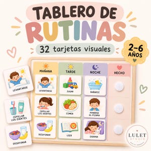 Puede incluir: Un tablero de rutinas de madera con 32 tarjetas visuales que ilustran tareas diarias como levantarse, cepillarse los dientes y comer. El tablero está dividido en columnas etiquetadas como Mañana, Tarde, Noche y Hecho, con encabezados en tonos pastel.