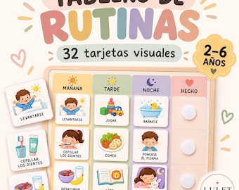Puede incluir: Un tablero de rutinas de madera con 32 tarjetas visuales que ilustran tareas diarias como levantarse, cepillarse los dientes y comer. El tablero está dividido en columnas etiquetadas como Mañana, Tarde, Noche y Hecho, con encabezados en tonos pastel.